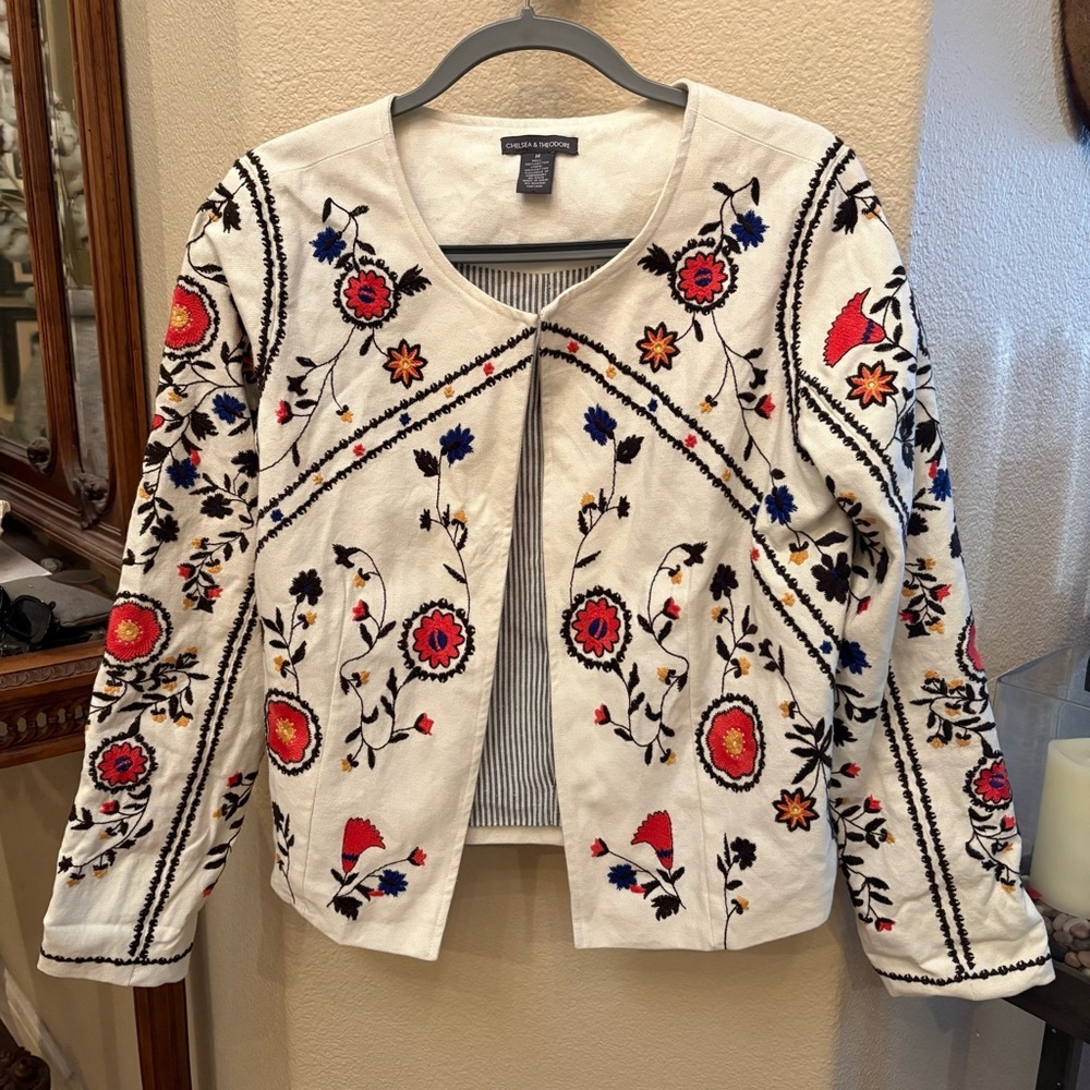 CHELSEA & THEODORE Women White Floral Embroidered Open Boho Jacket Size Medium